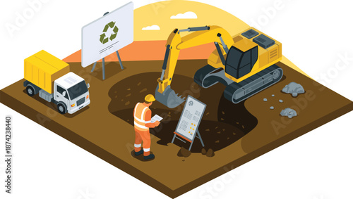 Isometric construction scene with worker, excavator and recycling truck, sustainable building project illustration showing excavation, planning and eco-friendly construction