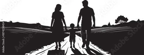 Silhouette of family walking on railroad tracks together outdoors