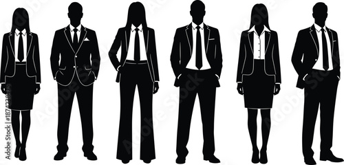 Vector silhouette set of professional business men and women wearing formal suits and ties standing together for corporate team, career, recruitment, and leadership success.