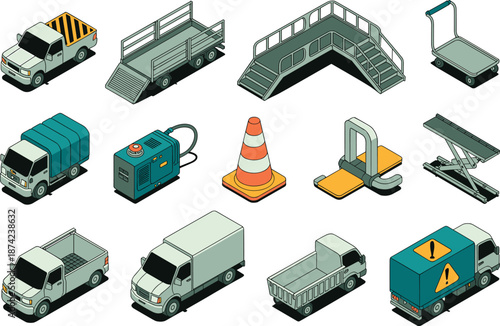 Isometric construction vehicles, utility trucks, transport equipment, traffic cones, industrial tools, warehouse carts, cargo vans, engineering icons, logistic machinery illustration