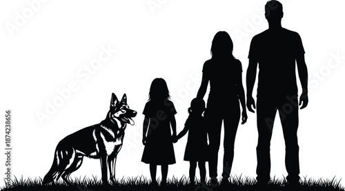 Black silhouette of happy family with pet dog standing together in grass field, father mother and children outdoor summer vacation,