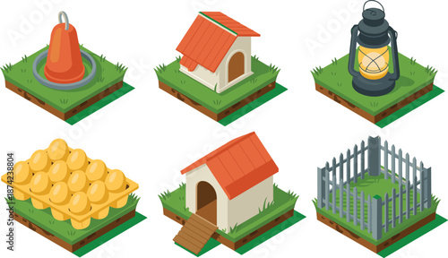 Isometric farm elements set featuring chicken coop, lantern, bell, egg tray, fenced pen, and rural items for agriculture game design