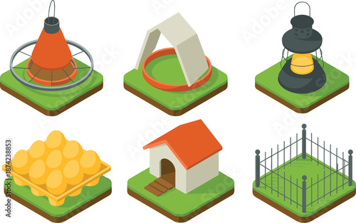 Isometric farm elements set featuring chicken coop, lantern, bell, egg tray, fenced pen, and rural items for agriculture game design