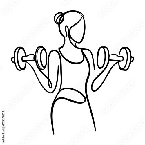 Concepto gimnasio. Dibujo sencillo con una única línea de una mujer haciendo ejercicios con mancuernas 