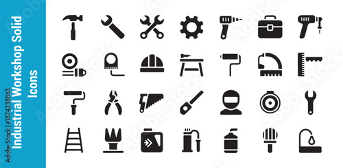 Industrial workshop icons set featuring hammer drill wrench safety helmet and toolbox for construction and repair
