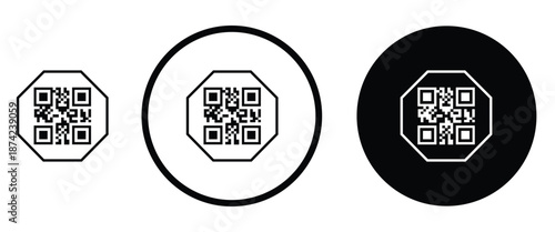 Three minimalist black and white QR code icons arranged horizontally on a transparent background. Left: standard square QR pattern. Center: QR inside thin white circle on black. Right: QR inside thick