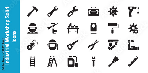 Industrial workshop solid icons set including tools equipment worker safety gear and construction materials collection