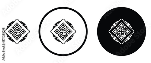 Three minimalist black and white QR code icons arranged horizontally on a transparent background. Left: standard square QR pattern. Center: QR inside thin white circle on black. Right: QR inside thick