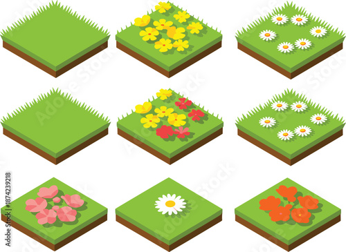 Isometric grass tiles with colorful flowers, blooming garden patches for game design, spring nature elements, decorative floral terrain set illustration