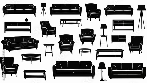 Collection of Furniture Silhouettes Sofa Armchair Table Lamp.