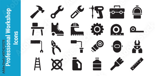 Professional workshop solid icons set featuring construction hand tools safety apparel and mechanical measuring devices
