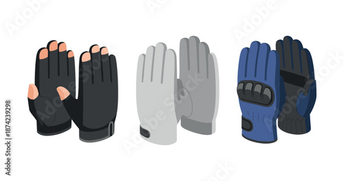 Variety of gloves: fingerless, ski, and motorcycle designs in black, gray, and blue
