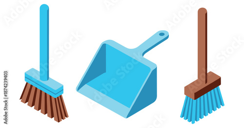 Cleaning tools: isometric broom and dustpan set on white background