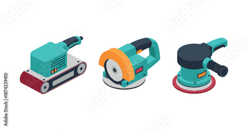 Isometric power tools: belt sander, angle grinder, orbital sander