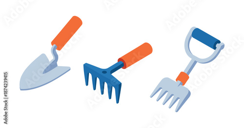 Set of three colorful gardening tools: trowel, rake, and pitchfork