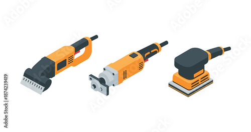 Set of three electric power tools: hedge trimmer, impact driver, orbital sander