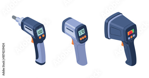 Digital thermometers and infrared devices collection on white background