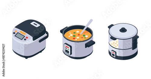 Various modern rice cookers and food steamers with control panels and cooking food