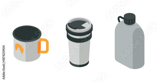 Three gray drink containers: mug, tumbler, and water bottle on white background