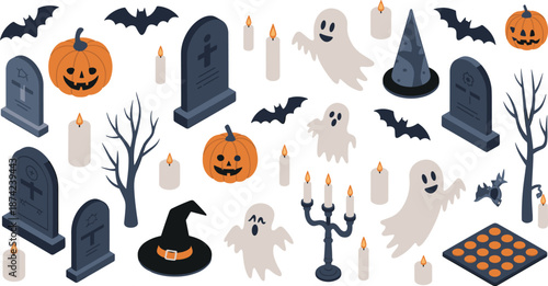 Isometric Halloween illustration with ghosts, pumpkins, gravestones, bats, candles, witch hat, spooky trees, and cemetery decorations for festive design