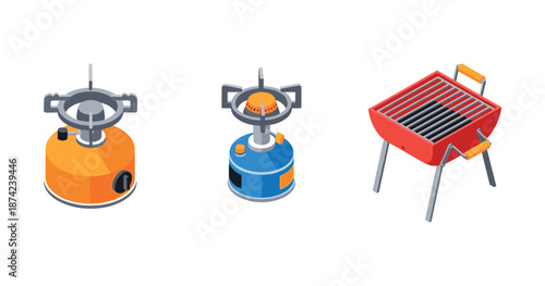 Various portable cooking stoves and grill isometric illustration