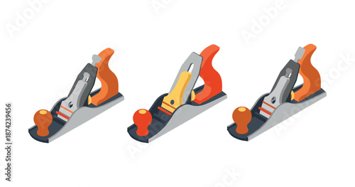 Set of three hand planes with red handles on white background