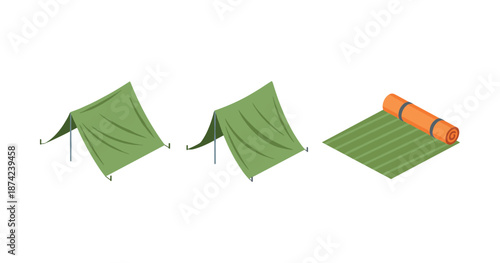 Green camping tents and sleeping mat illustration on white background