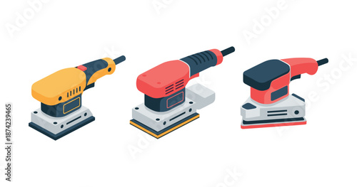Three electric sanders: yellow, red, and orange, isometric view on white background
