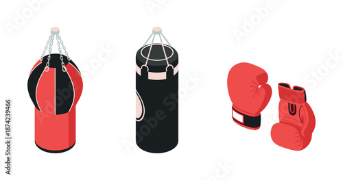 Red and black punching bags with pair of boxing gloves on white background