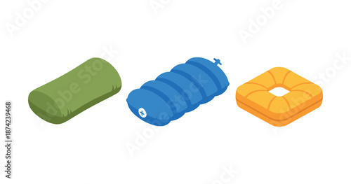 Set of three colorful inflatable pool floats: green cylinder, blue tube, orange square