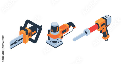 Isometric power tools set with saw router and drill in orange and black design
