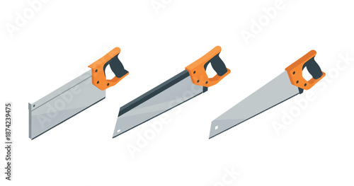 Set of three hand saws with orange handles in different perspectives
