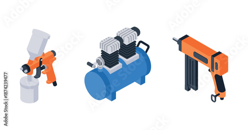 Set of garage tools: spray gun, air compressor, nail gun illustration