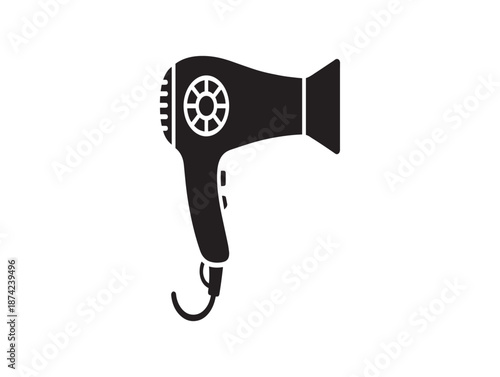 Black and white illustration of a hair dryer with a hook
