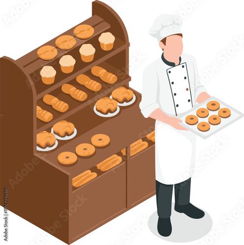 Isometric illustration of bakery chefs preparing fresh bread and pastries, professional bakers working with dough, baking shop interior concept design
