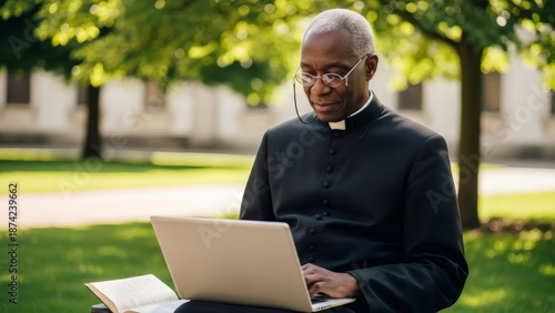 An elderly Black Orthodox priest works on a laptop. The pastor uses the computer for religious education and online sermons. Concept of the modern priesthood and technology.