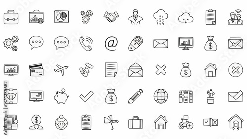 Collection of Hand Drawn Business and Technology Icons.