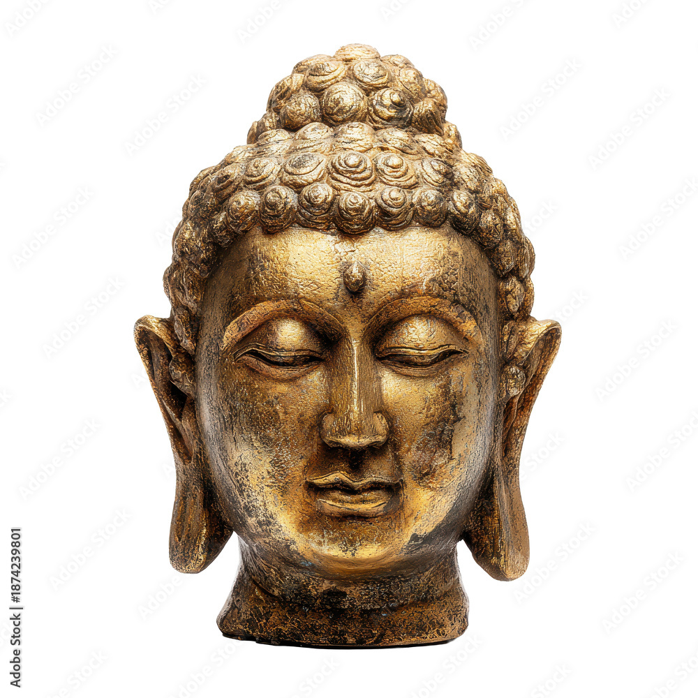 Obraz premium Golden Buddha head statue with detailed sculpted texture and serene expression isolated on transparent background.