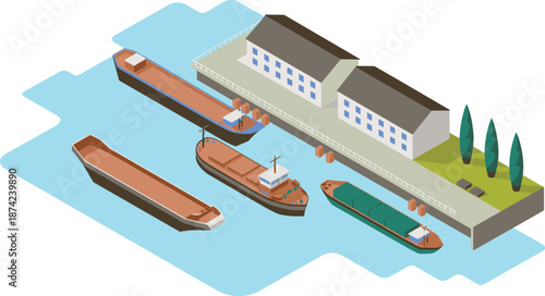 Isometric illustration of cargo ships docked at industrial port harbor, freight vessels anchored near pier with warehouse buildings and blue water
