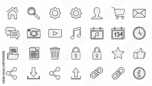 Collection of Hand Drawn Icons Representing Digital Technology and Communication.