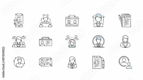 Collection of hand drawn icons representing human resources and recruitment concepts.