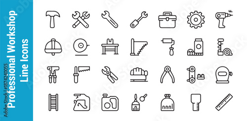 Workshop line icons set illustrating maintenance tools, building equipment, and safety items in detailed outline format