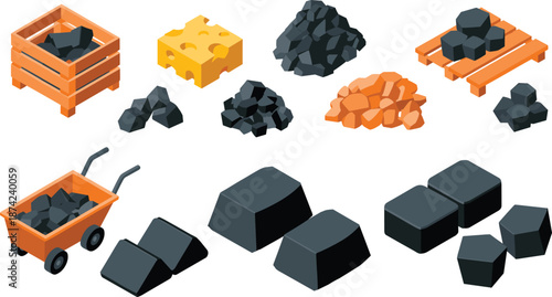 Isometric illustration of coal mining resources with wooden pallets, ore rocks, mine carts, industrial materials, and natural mineral elements isolated