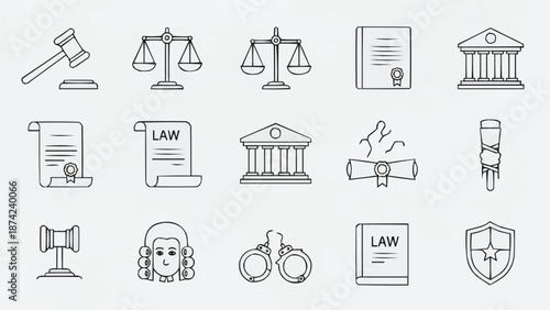 Collection of Hand Drawn Legal Icons Representing Justice and Law.