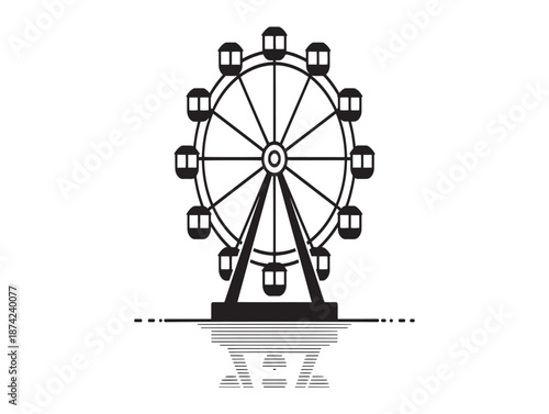 A black and white illustration of a classic ferris wheel with enclosed gondolas