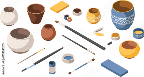 Isometric illustration of colorful pottery and art tools, ceramic pots with paintbrushes and sponges for handmade craft and decoration design