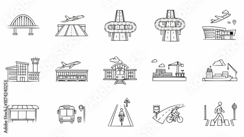 Collection of Hand Drawn Transportation and City Icons.