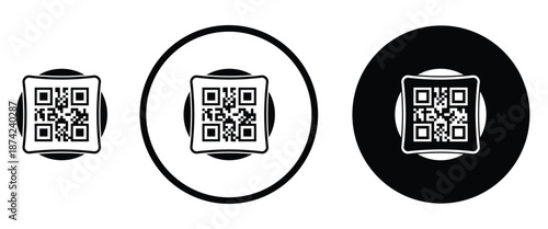 Three minimalist black and white QR code icons arranged horizontally on a transparent background. Left: standard square QR pattern. Center: QR inside thin white circle on black. Right: QR inside thick