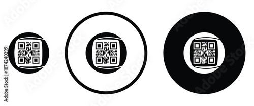 Three minimalist black and white QR code icons arranged horizontally on a transparent background. Left: standard square QR pattern. Center: QR inside thin white circle on black. Right: QR inside thick