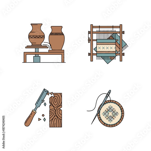 Crafts and Hobbies Icons Set - Pottery, Weaving, Wood Carving, and Embroidery.